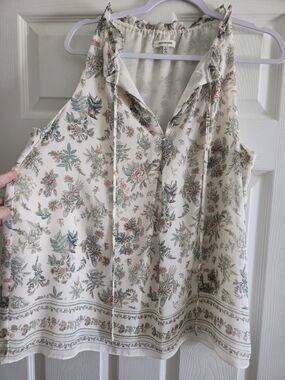 Max Studio Cream Floral Ruffle Tie Neck Sleeveless Blouse